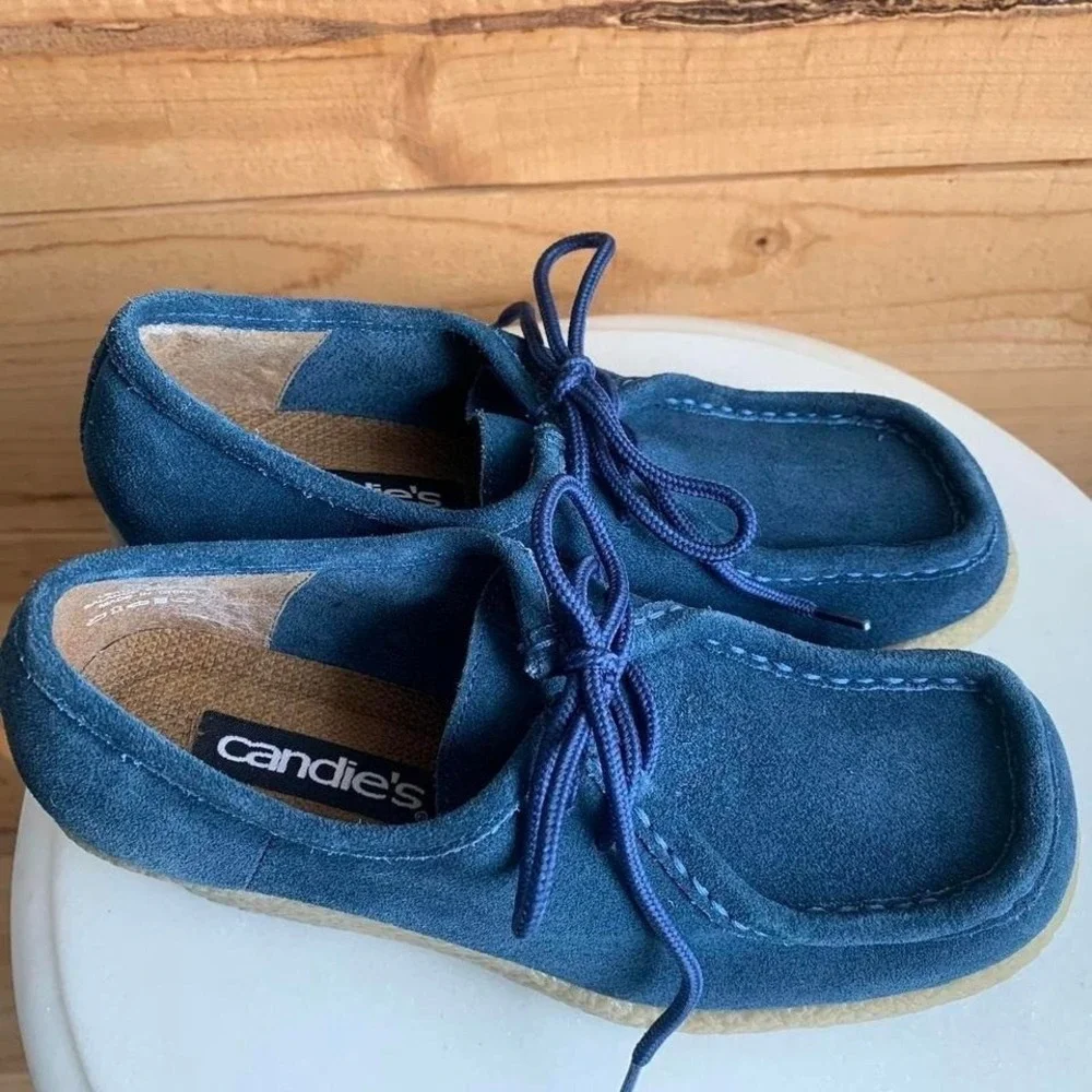 Vtg Candies Blue Leather Suede Wedge Shoes Sz 7‎ Square Moc Toe Y2K Lace Up